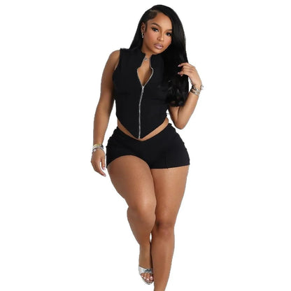 Two Pieces Sets Women Short Club Matching Sets Zipper Matching Sets Coat Elastic Waist Mini Length Pants Sexy 2026 Summer