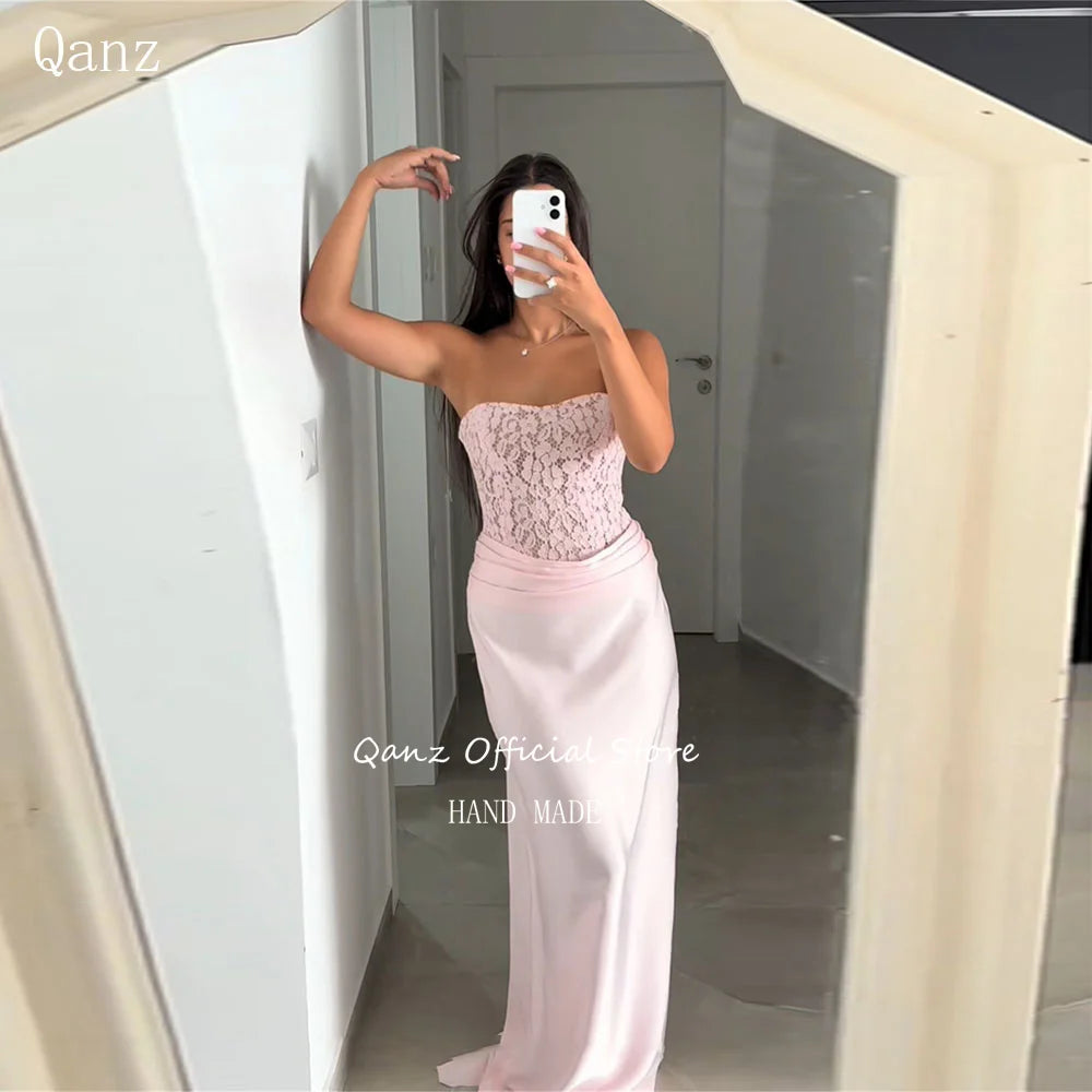 Qanz Pink Prom Dress Mermaid Lace Evening Dresses Woman Elegant Strapless Backless Satin Robe De Soirée Femme Customized