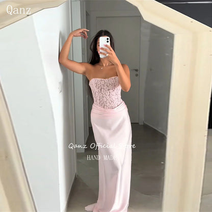 Qanz Pink Prom Dress Mermaid Lace Evening Dresses Woman Elegant Strapless Backless Satin Robe De Soirée Femme Customized