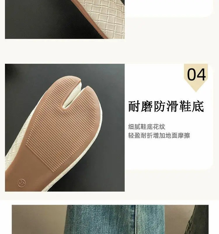 French Retro Split Toe Ballet Flats Women Red Woven Detail Tabi Slip On Shoe Woman Faux Leather Moccasin Daily Work Office Flats