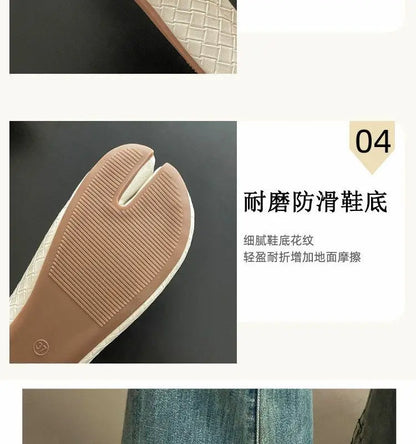 French Retro Split Toe Ballet Flats Women Red Woven Detail Tabi Slip On Shoe Woman Faux Leather Moccasin Daily Work Office Flats