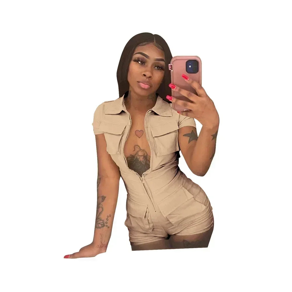 Red Jumpsuit for Woman Short Zipper V Turn Down Short Sleeve Overall Jumpsuit Shorts Casual Pockets Bodycon Rompers 2XL