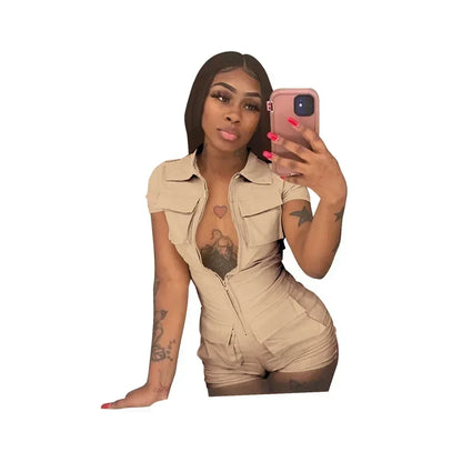 Red Jumpsuit for Woman Short Zipper V Turn Down Short Sleeve Overall Jumpsuit Shorts Casual Pockets Bodycon Rompers 2XL