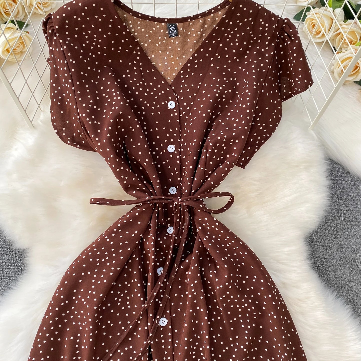 Summer Women Polka Dot Long Dress Vintage V-Neck Flying Sleeve High Waist Single Breasted A-Line Casual Vestidos Female Robe New