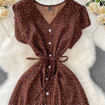 Summer Women Polka Dot Long Dress Vintage V-Neck Flying Sleeve High Waist Single Breasted A-Line Casual Vestidos Female Robe New