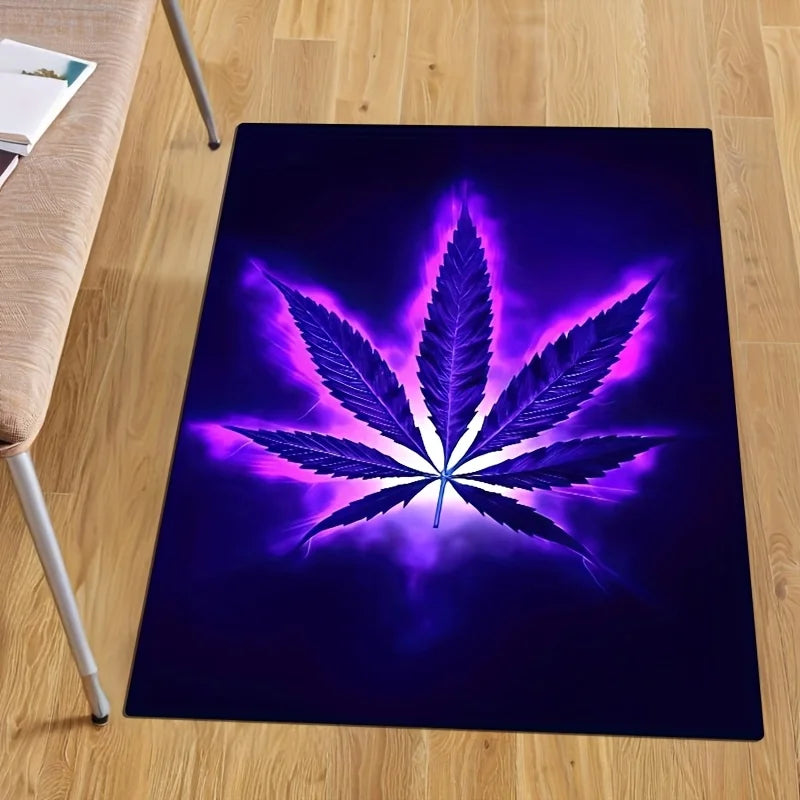 Psychedelic purple weed pattern rug cushion: non-slip, machine-washable polyester. For living room, bedroom—anti-fatigue decor.