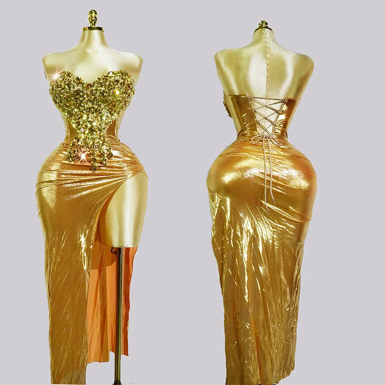 Woman Performance Suit Sexy Pink Backless Strapless Rhinestones Dress Event Costume Dancewear Top And Skirt Birthday Drag Club