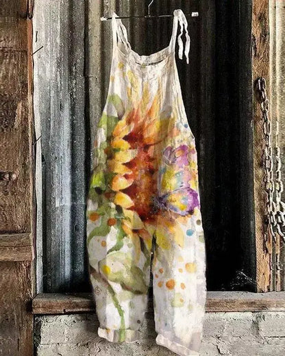 Vintage Style Jumpsuit Women Casual Floral Rompers Loose Boho Casual Jumpsuits Sleeveless Print Strappy Jumpsuit 2024 New