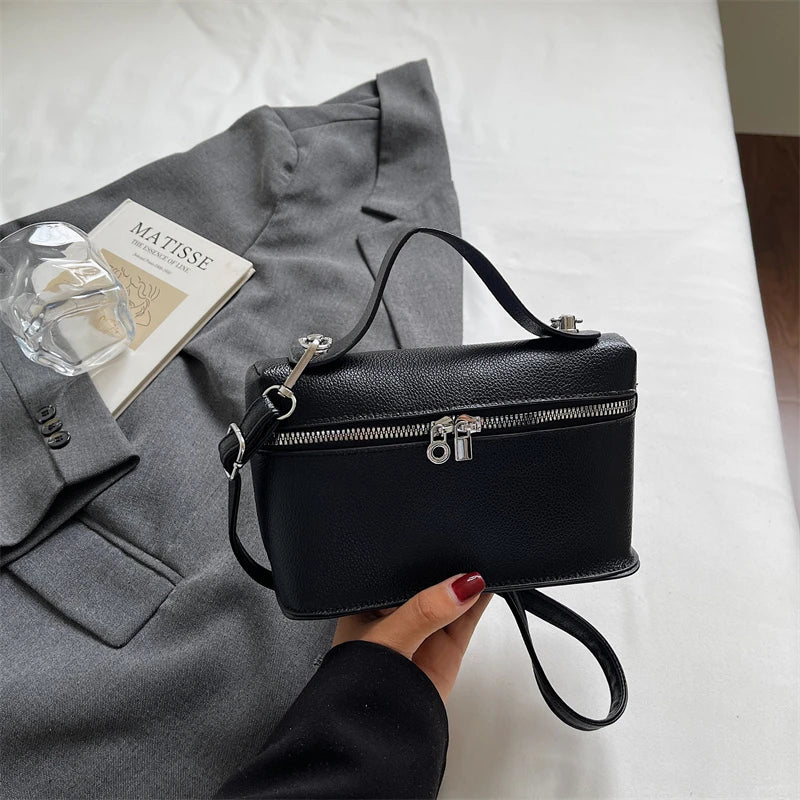 Fashionable Light Luxury Solid Color Box Bag Litchi Pattern Portable Carrying Crossbody Bag Daily Commuting Versatile Square Bag