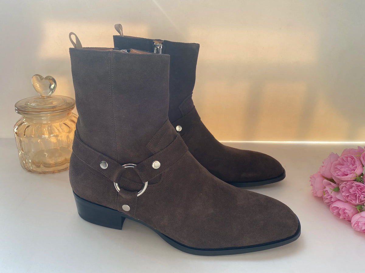 Brown Men Chelsea Boots Handmade High-quality Cow Suede Business Casual Square Toe Mid-heel Men Shoes Motorcycle Boots With Heel