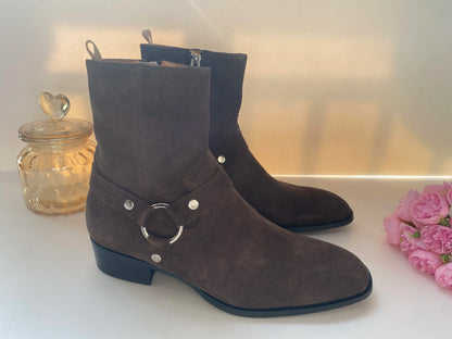 Brown Men Chelsea Boots Handmade High-quality Cow Suede Business Casual Square Toe Mid-heel Men Shoes Motorcycle Boots With Heel