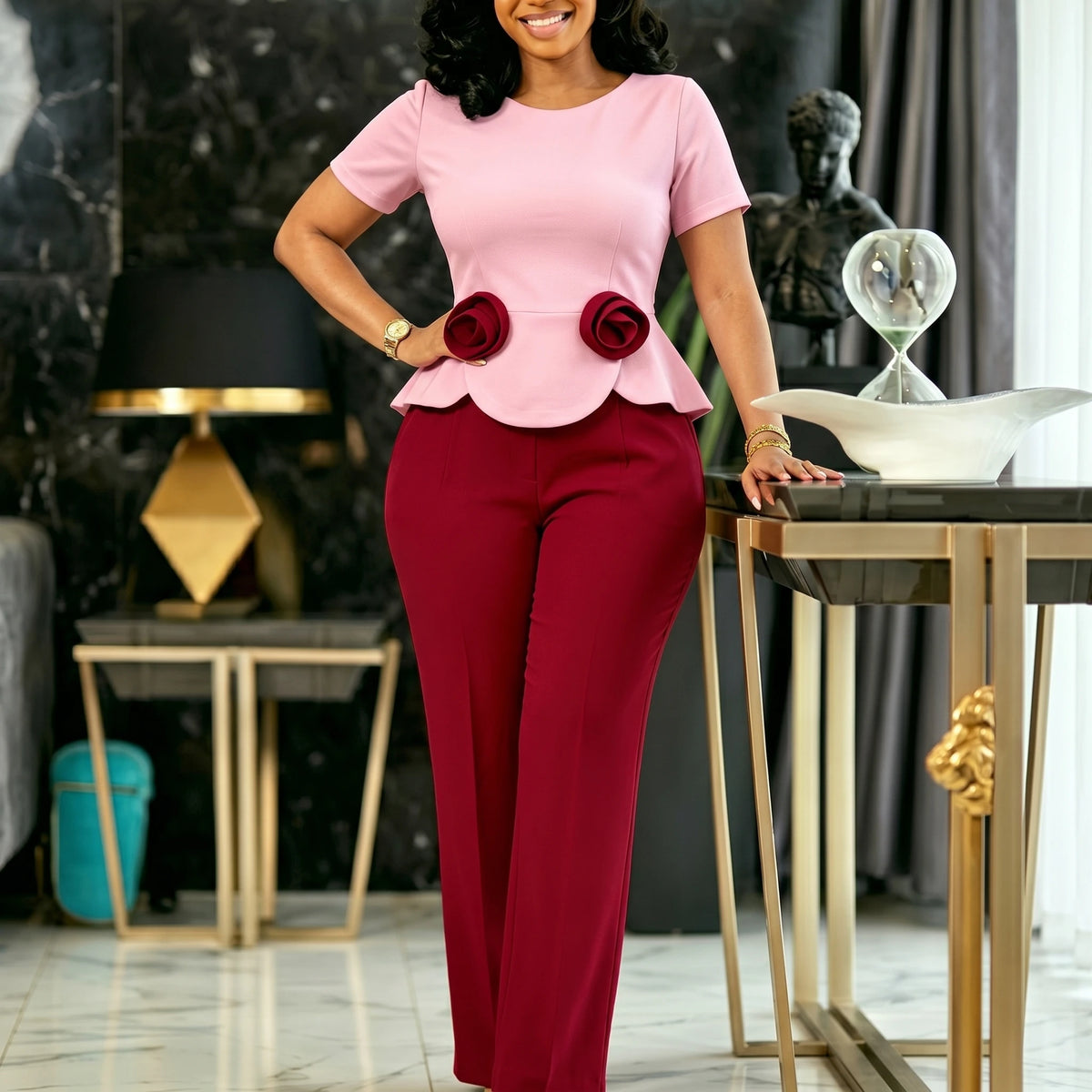 Women Colorblock Jumpsuit O Neck Short Sleeve 3D Flower Peplum Wide Leg Long Pants Elegant African Causal Office Church Outfit