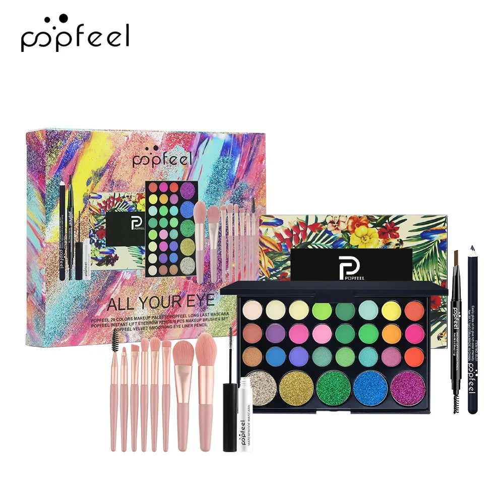 Essential Eye Makeup Set for Beginners Matte&Shimmer Eyeshadow Palette, Mascara, Eyebrow Pencil, Lip Eyeliner,Brush Tool Set Box