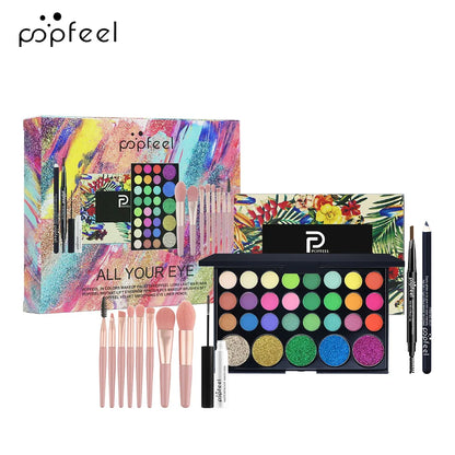Essential Eye Makeup Set for Beginners Matte&Shimmer Eyeshadow Palette, Mascara, Eyebrow Pencil, Lip Eyeliner,Brush Tool Set Box