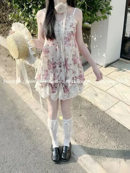 Lace Purple Dot Mini Dress Women Floral Dress Elegant Casuak Y2k Boho Kawaii Vintage One Piece Dress Korean Fashion Vintage Chic