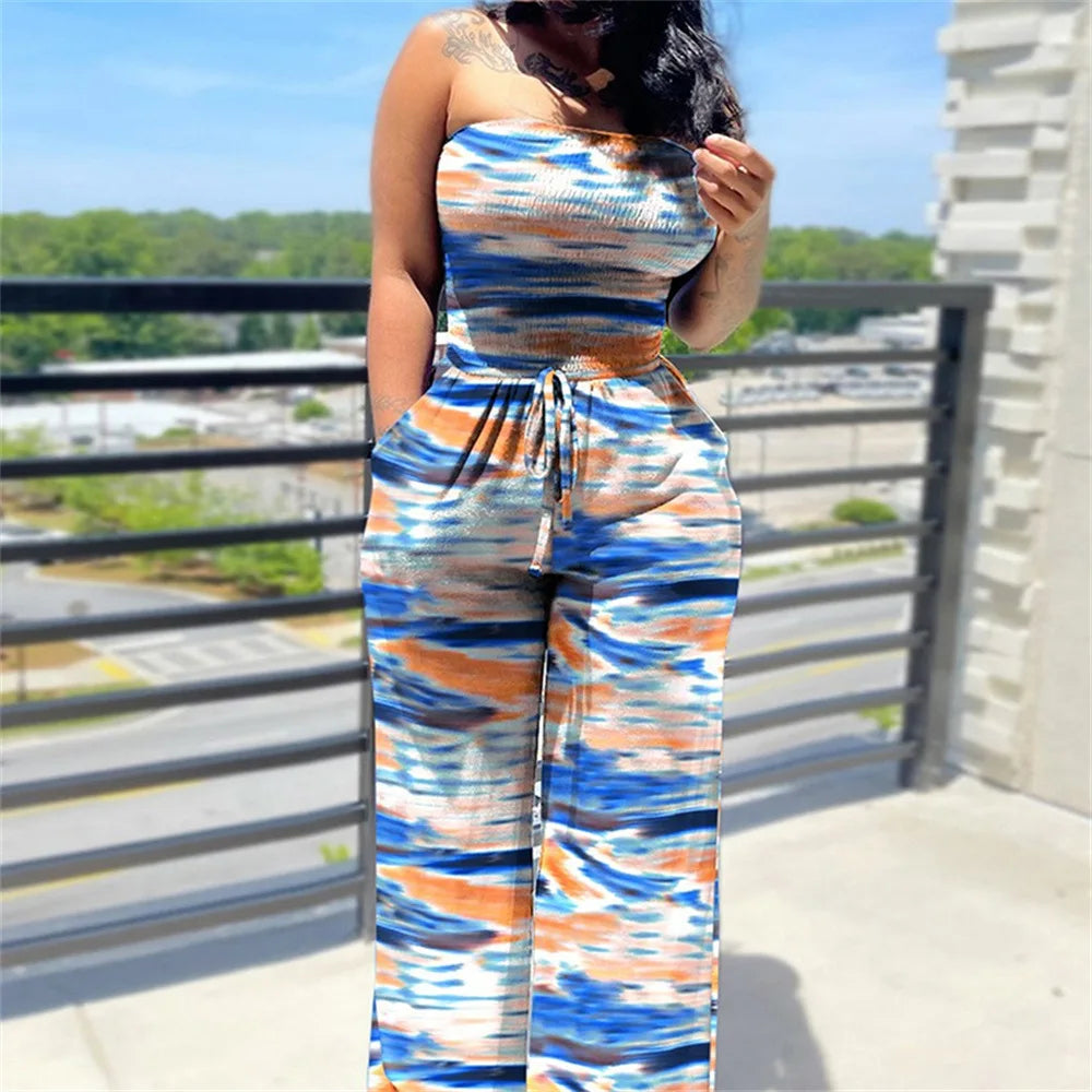 Women's Sexy Strapless One Piece Printed Pants Summer Fashion Lace Up High Waisted Slim Sleeveless Female Beach Holiday Jumpsuit