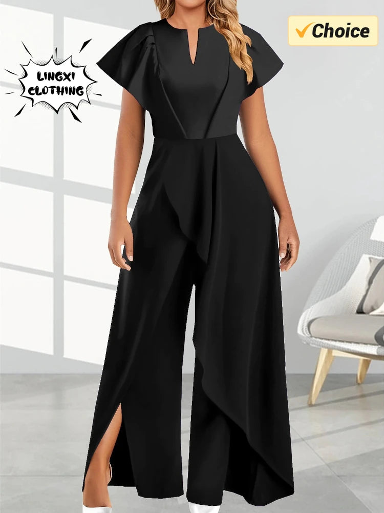2024 Summer New Elegant Women's V-neck Irregular Jumpsuit Solid Color Short Sleeved Long Style Banquet Women's Jumpsuit