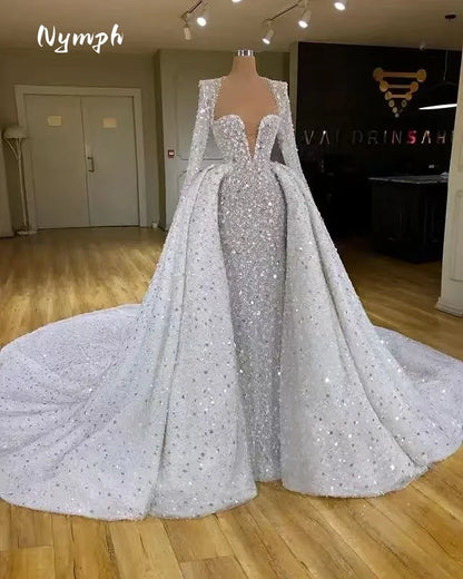 Customized SParkly Crystals Beads Wedding Dress Detachable Train Robe De Mariée Bridal Gowns With Long Sleeves Vestido De Novia