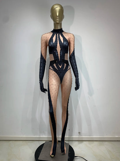 STOCK Sparkling Rhinestone Stretch Jumpsuit Women Sexy Club Evening Party Wear Drag Queen Singer Dancer Stage Perform Costume