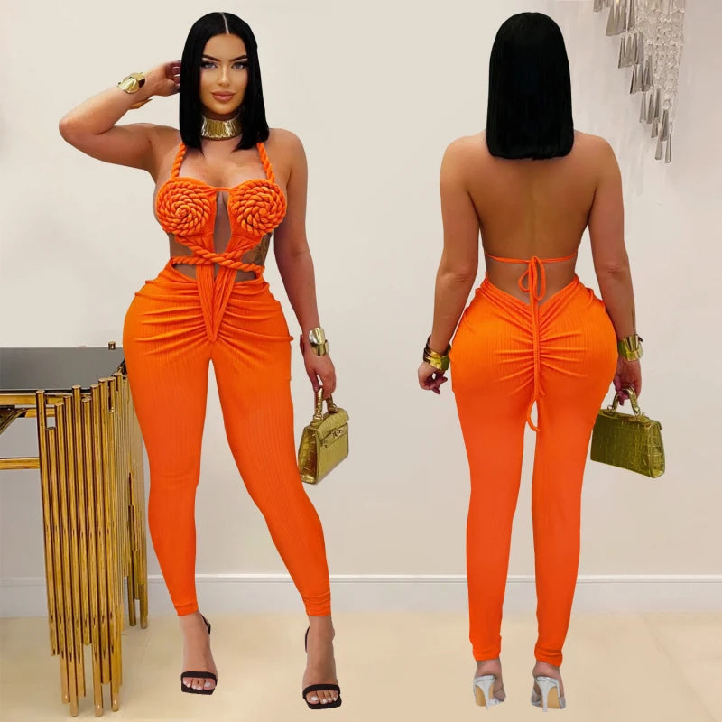 Trenty Sexy Women Halter Neck Knit Ribbed Ruched Stacked Jumpsuits Summer Vacation Beach Romper Playsuit One Piece Set Outfits