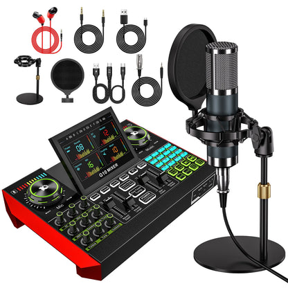 Tenlamp Podcast Equipment Bundle with Table Tripod, G10-P15B Live Sound Card Audio Mixer Kit with 3.5mm Condenser Microphone, Voice Changer Denoise for PC Smartphone Laptop, Studio Recording Streaming Gaming Singing Karaoke Y