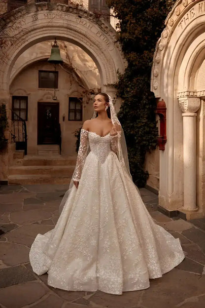Luxury Sweetheart Lace Wedding Dress Off Shoulder Long Sleeve Prom Dresses A-line Elegant Bride Dress Customization