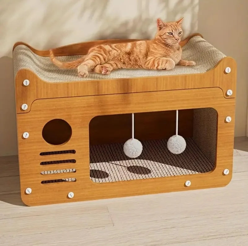 2-in-1 Cat Scratcher &   Cozy Bed - Durable Cardboard Lounge Bed with Hanging Toys