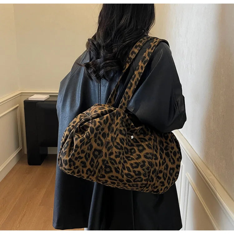 Trendy Leopard Print Canvas Shoulder Bag Large Capacity Fashion Tote Handle Bag for Daily Commute Versatile Texture Storage Bags