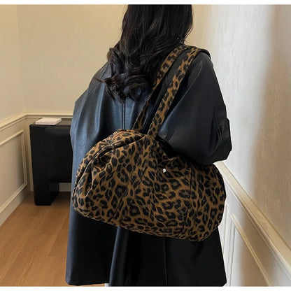 Trendy Leopard Print Canvas Shoulder Bag Large Capacity Fashion Tote Handle Bag for Daily Commute Versatile Texture Storage Bags