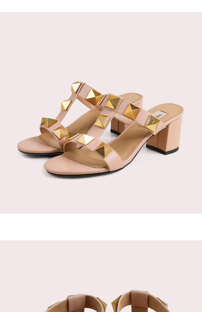 Women's Sandals Summer Gladiator Heeled Sandals Luxury Heeled Slippers Rivets Open Toe High Heels Elegant Ladies Shoes Women