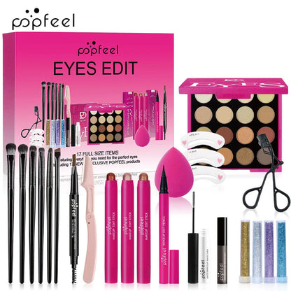 Essential Eye Makeup Set for Beginners Matte&Shimmer Eyeshadow Palette, Mascara, Eyebrow Pencil, Lip Eyeliner,Brush Tool Set Box