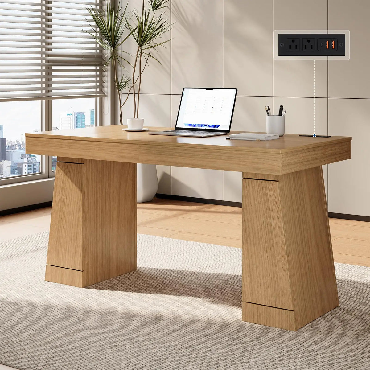55 Inch Executive Desk With Power Outlets, USB A/C, Hidden Cabinet, Modern Home Office Computer Table, 3 Finishes, 400LB MDF Top