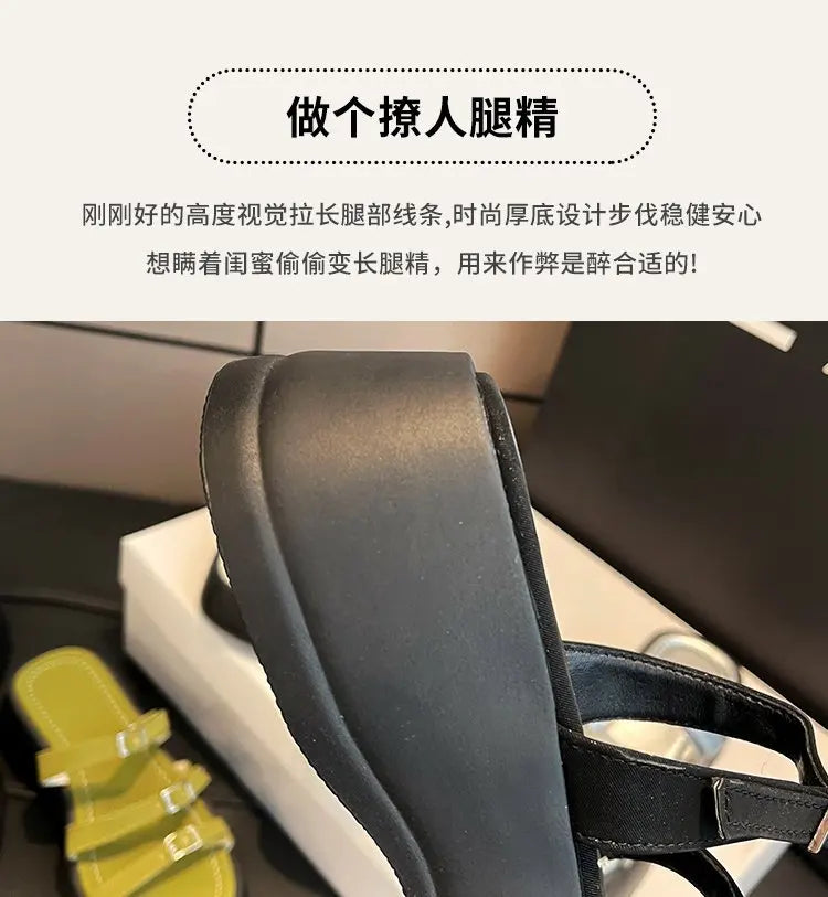 Women Thicken Soled Buckle Strap Sandals Platform High Heel Shoes Ladies Cut-Out Slippers Open Toe Flipflops Silver Beach Slides