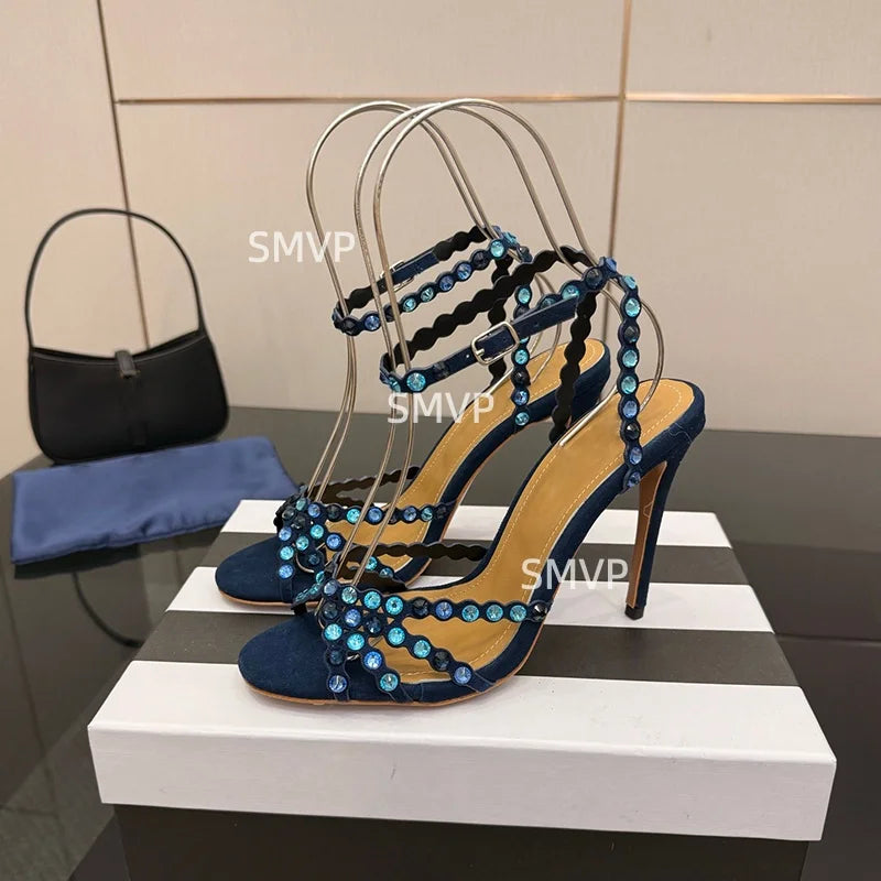 Women Crystal Rhinestone High Heel Sandals 2026 Summer New Toe Ankle Strap Thin Heels Transparent Silver Party Wedding Shoes