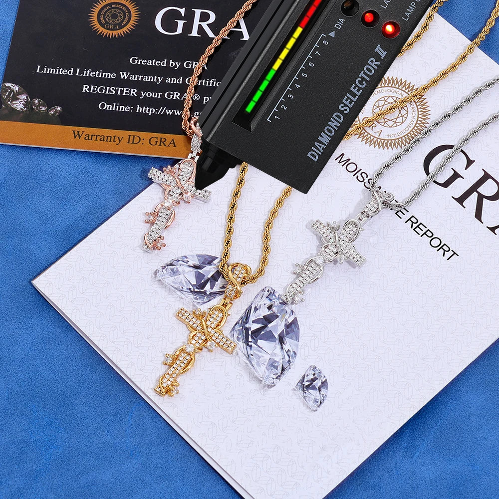 NUOYA Luxury Moissanite 925 Sterling Silver Pendant Necklace Thorn Wrapped Cross/Pray Pendant Pass Diamond Test Fine Gift