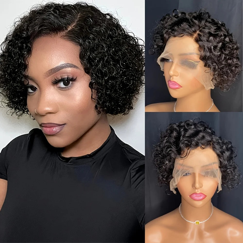 Short Curly 13x1 Lace Curly Pixie Cut Wig 180% Density Human Hair Lace Front Bob Wigs for Women Natural Color Pre Plucked 6 Inch