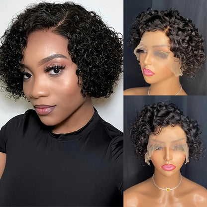 Short Curly 13x1 Lace Curly Pixie Cut Wig 180% Density Human Hair Lace Front Bob Wigs for Women Natural Color Pre Plucked 6 Inch
