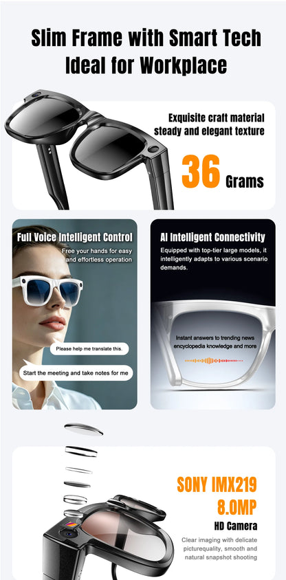 Smart Glasses 800W Pixel Camera Bluetooth IPX4 Waterproof Magnetic Charging Audio Glasses Video Voice Recorder Hands-Free Camera