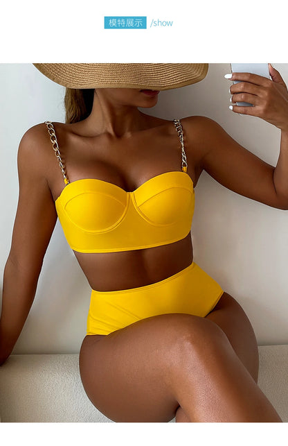 Push Up Bikini Hard Wrap Top Underwire Chain Shoulder Straps High Waist Bottom Swimwear Women Solid Swimming Beach Bathing Suit