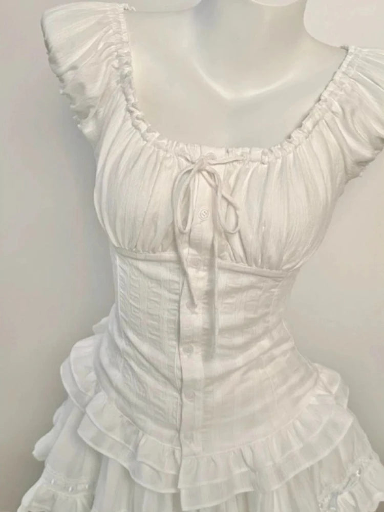 Deeptown Elegant Sweet White Blouses Women Sexy Square Collar Bow Crop Tops Vintage French Style Short Sleeve Ruffle Shirts