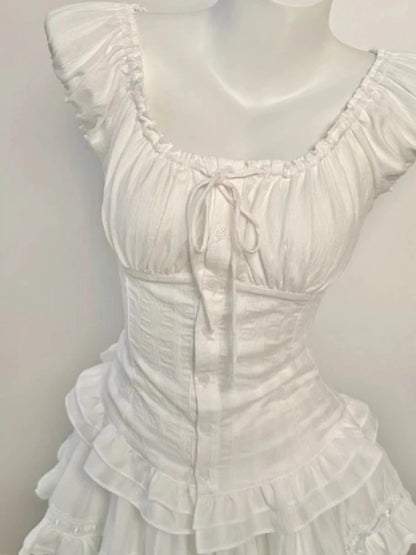 Deeptown Elegant Sweet White Blouses Women Sexy Square Collar Bow Crop Tops Vintage French Style Short Sleeve Ruffle Shirts