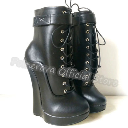Gothic Punk Wedges Lace-Up Women Platform Boots Hoof Design Super High Heel Side Zipper Boots Unisex Pole Dance Party Shoes