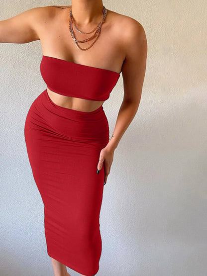 Hugcitar Women Elegant 2 Pcs Sets Strapless Sexy Tube Crop Tank Top Maxi Skirt 2025 Summer Women Casual Clothes Party Festival