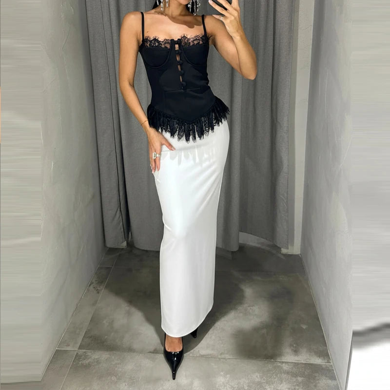 2026 Elegant Lace Patchwork Waist Party Blouse Women Fashion Hight Street Slim Vest Sexy Off Shoulder Sleeveless Suspender Tops