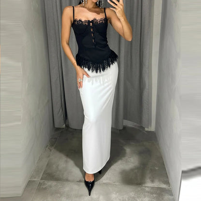 2026 Elegant Lace Patchwork Waist Party Blouse Women Fashion Hight Street Slim Vest Sexy Off Shoulder Sleeveless Suspender Tops