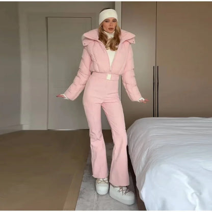 Fashion Hooded One-Piece Ski Jumpsuit Women Stand Collar Zipper High Waist Solid Windproof Outwear 2026 Winter Lady Skiwears New