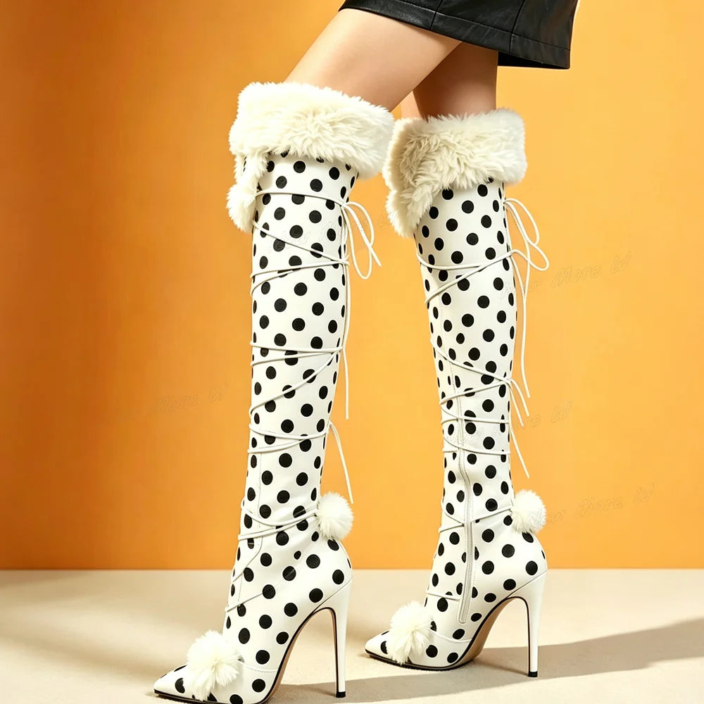 White Polka Dots Fur Boots Women Shoes Over the Knee Thin Heel  Style Stilettos Dress Women Fashion Shoes Zapatos Para Mujere