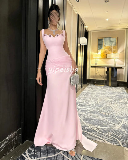 Customized Matching Elegant Jersey Rhinestone Draped Pleat Straight Square Neck Long Dresses Bespoke Occasion Dresses Sexy