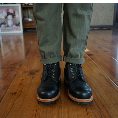 Goodyear-welding Workwear Men's Boots Leather Round Toe Mid-top Biker Shoes