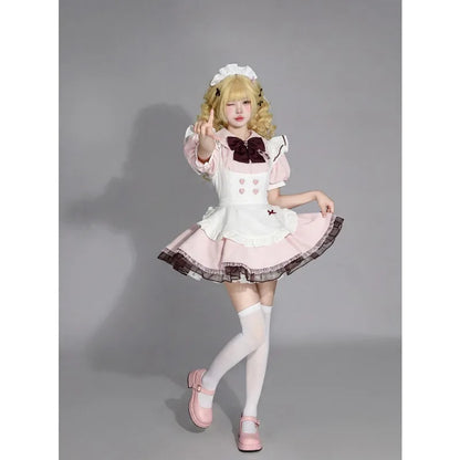 Pink Sweet Maid Lolita Full Set Ruffle Mini Dress With Apron Bow Headpiece Cosplay Costume For Halloween Party